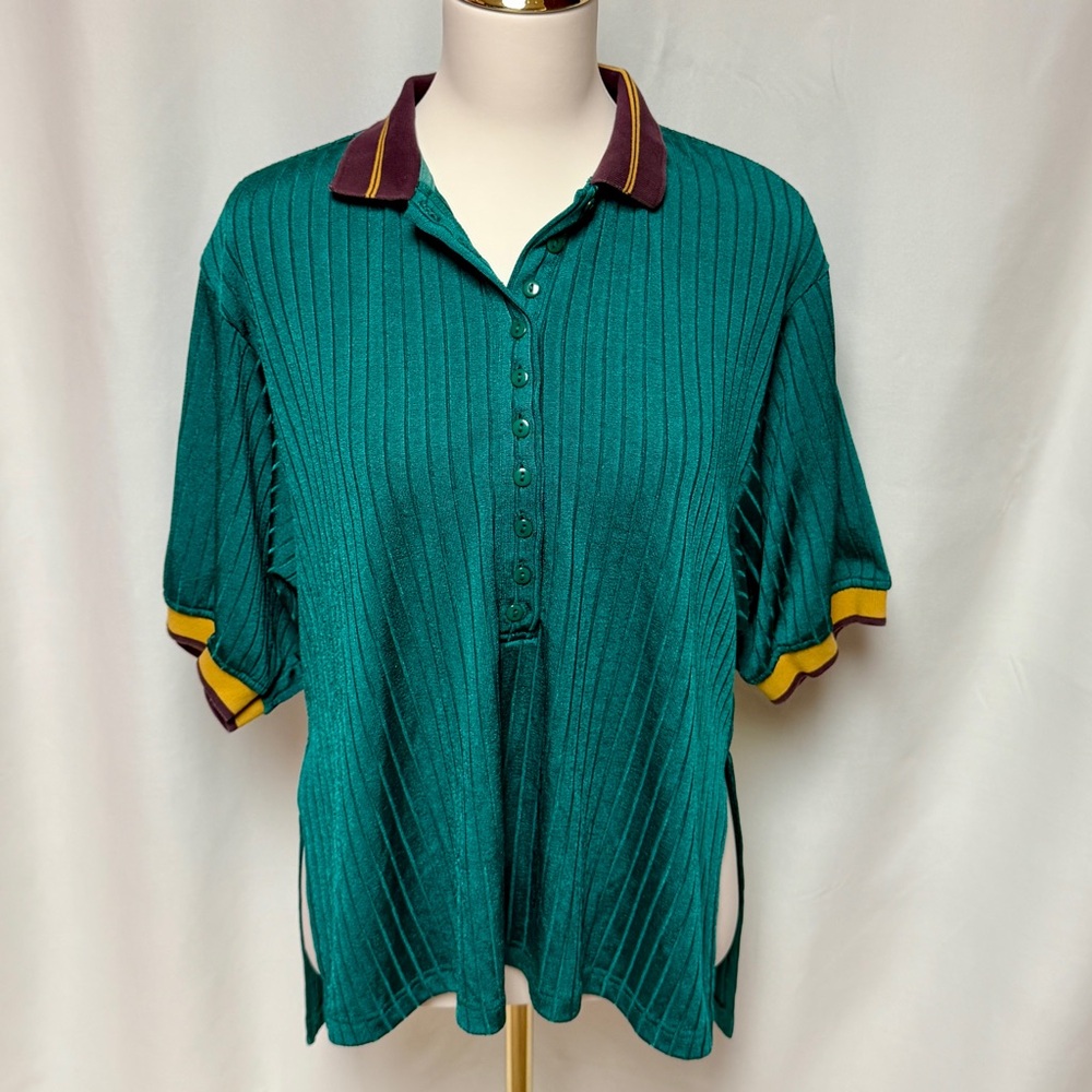Urban Outfitters Ribbed Knit Polo Top Green Striped Varsity Collar Size Small - Picture 2 of 9